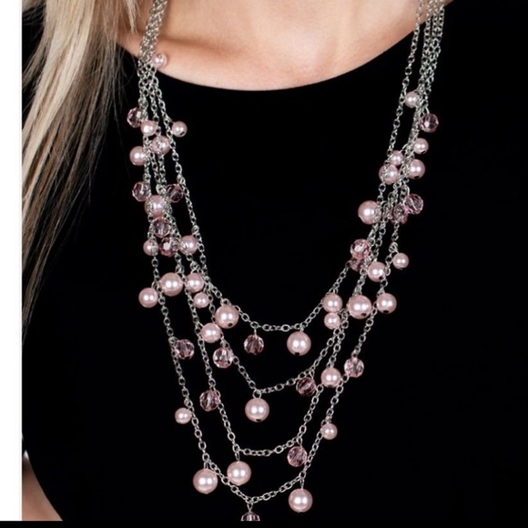 Paparazzi Pink and Silver Layered Necklace and earring set - Picture 5 of 5